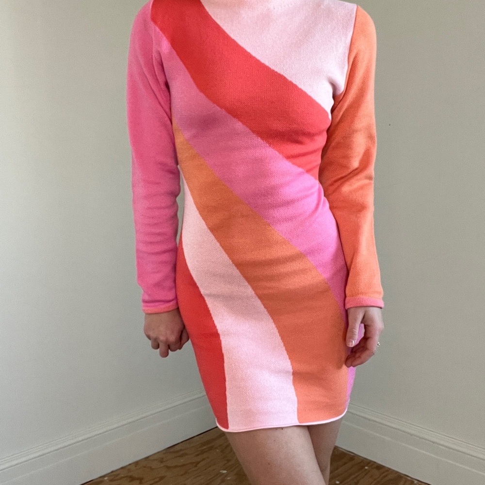 Vibrant Pink and Orange Long Sleeve Dress